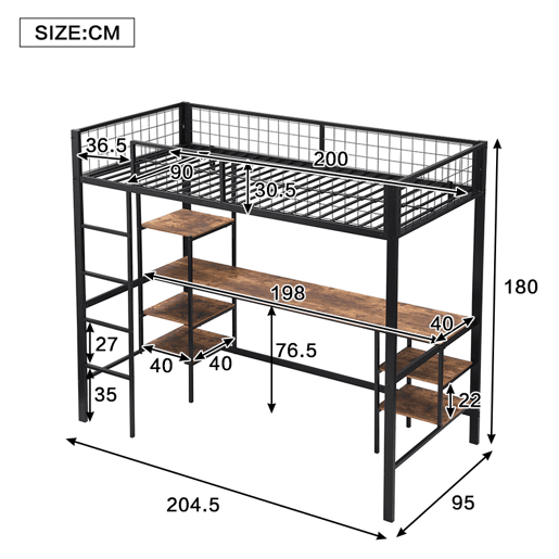 Beliche 90x200cm - Com mesa e estante, com escada de 4 degraus - Preto + cor madeira escura Beliche 90x200cm - Com mesa e estante, com escada de 4 degraus - Preto + cor madeira escura