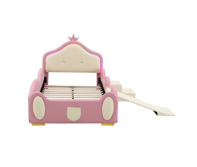 Cama tapizada 90x200cm - cama infantil con luces led, pequeña resbaladilla y escalera - rosa + beige