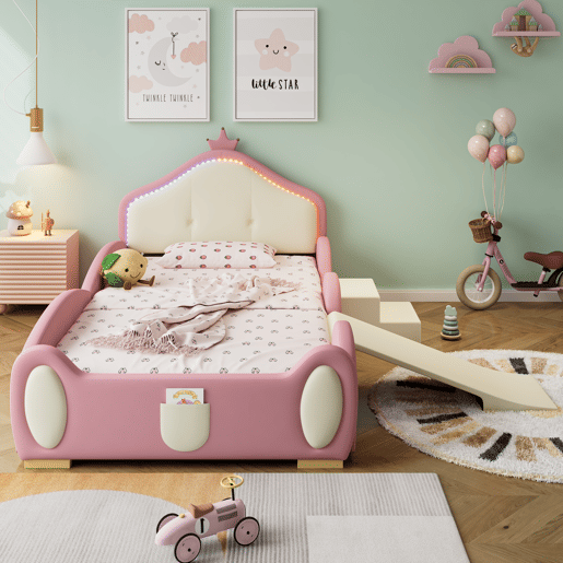 Cama estofada 90x200cm - Cama infantil com luzes LED, pequeno escorregador e escada - Rosa + Bege