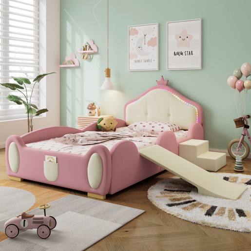 Cama estofada 90x200cm - Cama infantil com luzes LED, pequeno escorregador e escada - Rosa + Bege