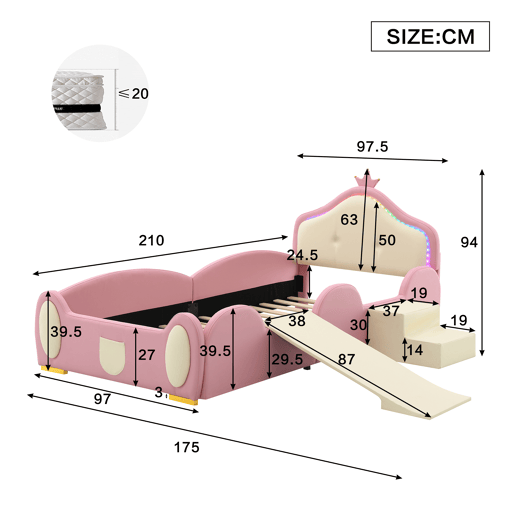 Cama estofada 90x200cm - Cama infantil com luzes LED, pequeno escorregador e escada - Rosa + Bege