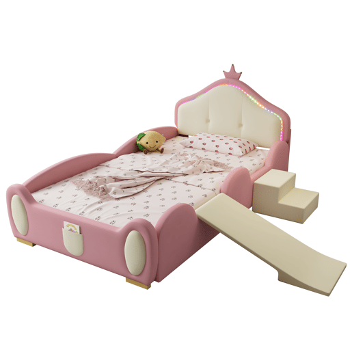 Cama estofada 90x200cm - Cama infantil com luzes LED, pequeno escorregador e escada - Rosa + Bege