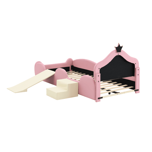 Cama estofada 90x200cm - Cama infantil com luzes LED, pequeno escorregador e escada - Rosa + Bege