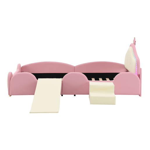 Cama estofada 90x200cm - Cama infantil com luzes LED, pequeno escorregador e escada - Rosa + Bege