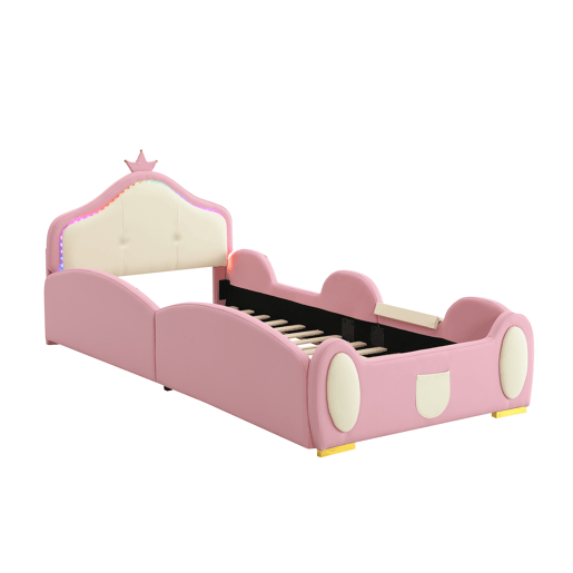 Cama estofada 90x200cm - Cama infantil com luzes LED, pequeno escorregador e escada - Rosa + Bege
