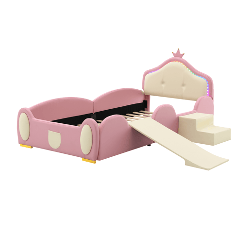 Cama estofada 90x200cm - Cama infantil com luzes LED, pequeno escorregador e escada - Rosa + Bege