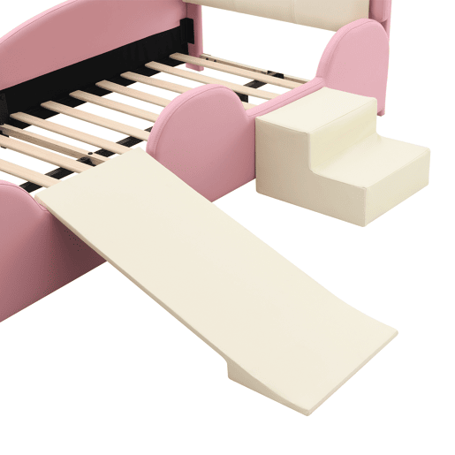 Cama estofada 90x200cm - Cama infantil com luzes LED, pequeno escorregador e escada - Rosa + Bege