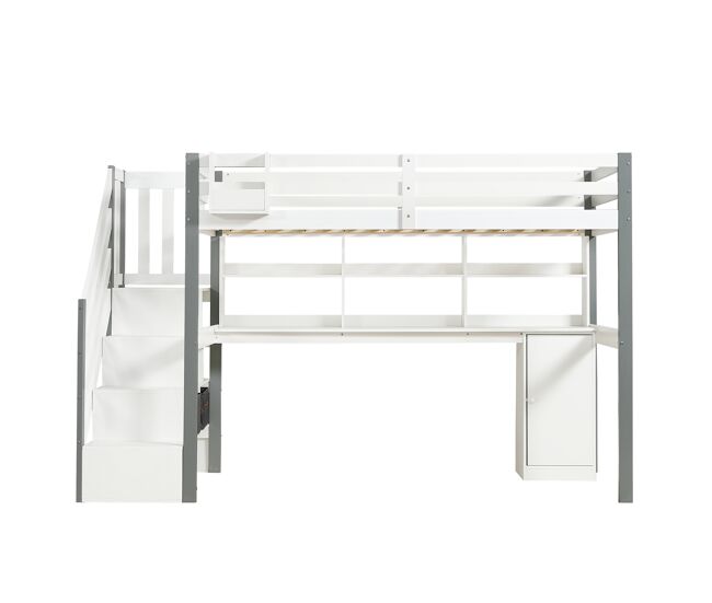 Cama semialta 90x200cm - con caja de almacenamiento de tela, escritorio con estantes y armarios, escalera lateral - blanco+gris