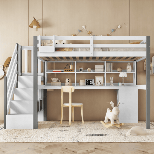 Cama semi-alta 90x200cm - Com caixa de armazenamento em tecido, secretária com prateleiras e armários, escada lateral - Branco+Cinza