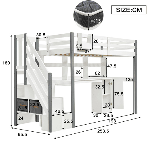 Cama semi-alta 90x200cm - Com caixa de armazenamento em tecido, secretária com prateleiras e armários, escada lateral - Branco+Cinza