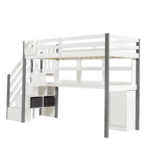 Cama semi-alta 90x200cm - Com caixa de armazenamento em tecido, secretária com prateleiras e armários, escada lateral - Branco+Cinza
