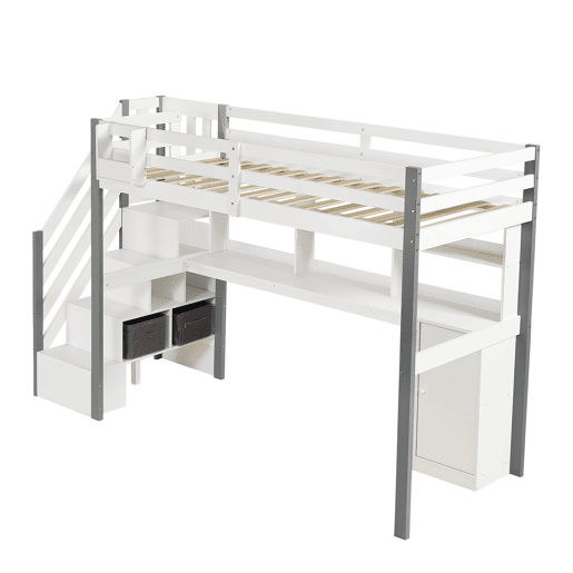 Cama semi-alta 90x200cm - Com caixa de armazenamento em tecido, secretária com prateleiras e armários, escada lateral - Branco+Cinza