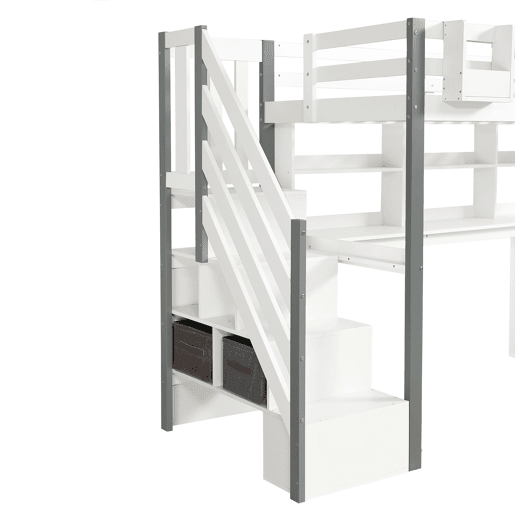 Cama semi-alta 90x200cm - Com caixa de armazenamento em tecido, secretária com prateleiras e armários, escada lateral - Branco+Cinza