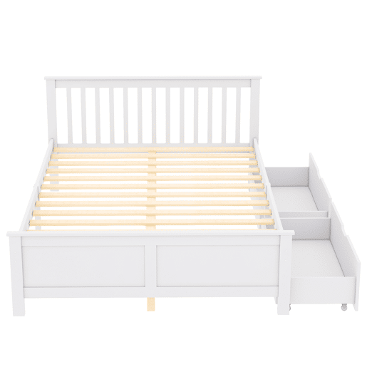 Cama de casal em madeira 140x200cm - com gavetas de arrumação, estrutura em pinho - Branco