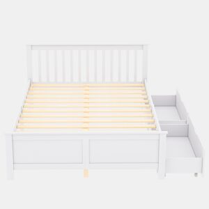 Cama de casal em madeira 140x200cm - com gavetas de arrumação, estrutura em pinho - Branco