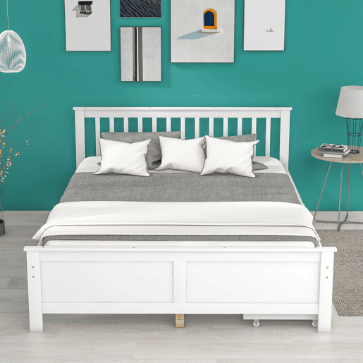 Cama de casal em madeira 140x200cm - com gavetas de arrumação, estrutura em pinho - Branco