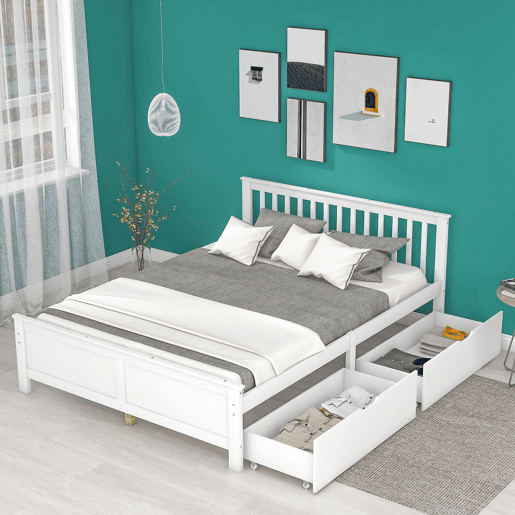 Cama de casal em madeira 140x200cm - com gavetas de arrumação, estrutura em pinho - Branco