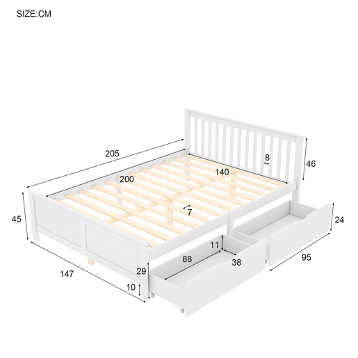 Cama de casal em madeira 140x200cm - com gavetas de arrumação, estrutura em pinho - Branco