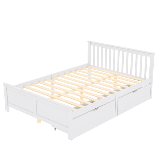 Cama de casal em madeira 140x200cm - com gavetas de arrumação, estrutura em pinho - Branco