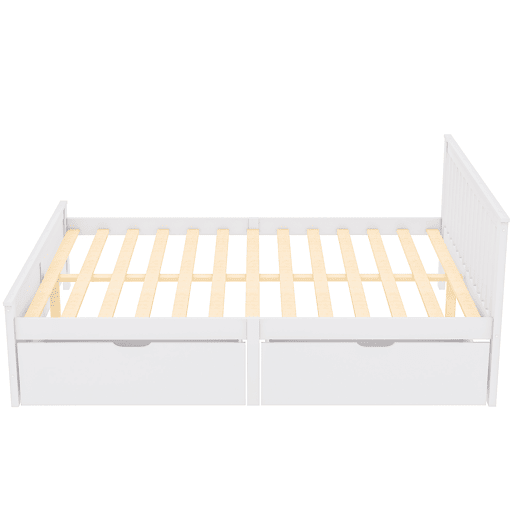 Cama de casal em madeira 140x200cm - com gavetas de arrumação, estrutura em pinho - Branco