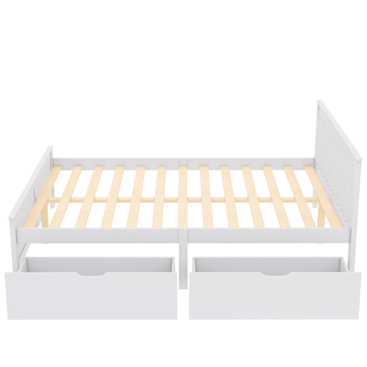 Cama de casal em madeira 140x200cm - com gavetas de arrumação, estrutura em pinho - Branco