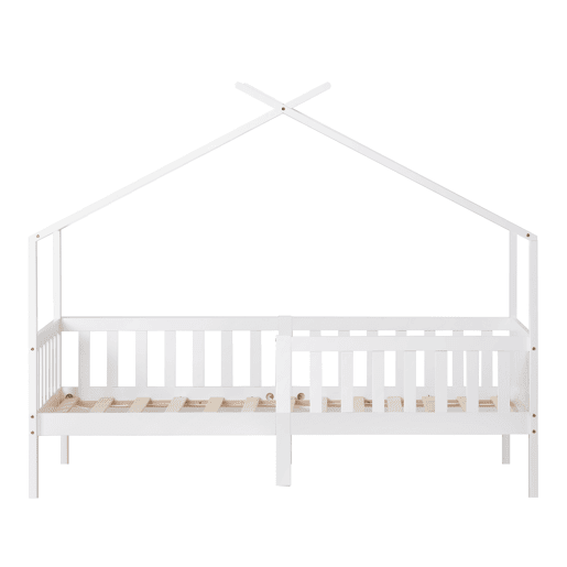 Cama casa 200x90 cm - Cama infantil em madeira maciça com grade e estrado, com proteção anti-queda - Branca Cama casa 200x90 cm - Cama infantil em madeira maciça com grade e estrado, com proteção anti-queda - Branca