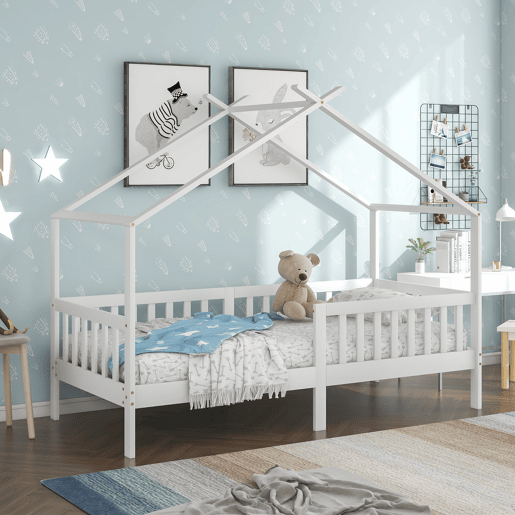Cama casa 200x90 cm - Cama infantil em madeira maciça com grade e estrado, com proteção anti-queda - Branca Cama casa 200x90 cm - Cama infantil em madeira maciça com grade e estrado, com proteção anti-queda - Branca