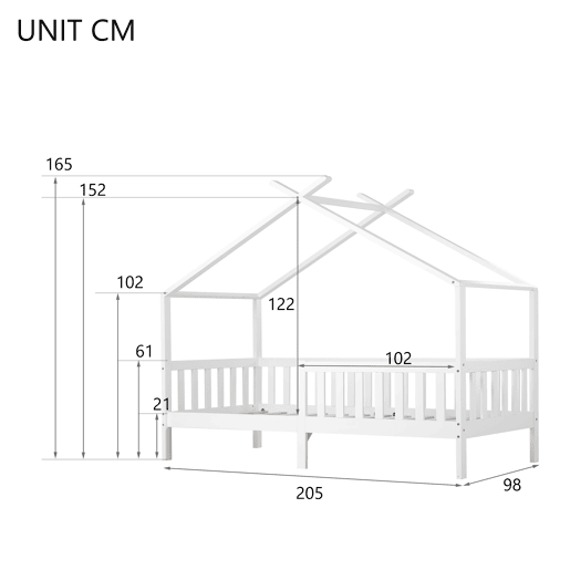 Cama casa 200x90 cm - Cama infantil em madeira maciça com grade e estrado, com proteção anti-queda - Branca Cama casa 200x90 cm - Cama infantil em madeira maciça com grade e estrado, com proteção anti-queda - Branca