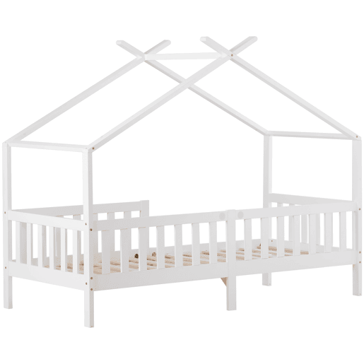 Cama casa 200x90 cm - Cama infantil em madeira maciça com grade e estrado, com proteção anti-queda - Branca Cama casa 200x90 cm - Cama infantil em madeira maciça com grade e estrado, com proteção anti-queda - Branca