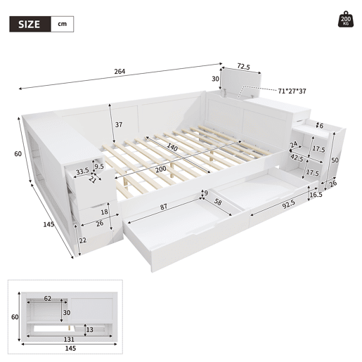 Cama infantil 140x200 - multifuncional com arrumação, gavetas e prateleiras - branco