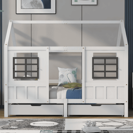 Cama individual 200x90cm - Casa com 2 gavetas, 2 janelas, estrutura em pinho e MDF - Branco