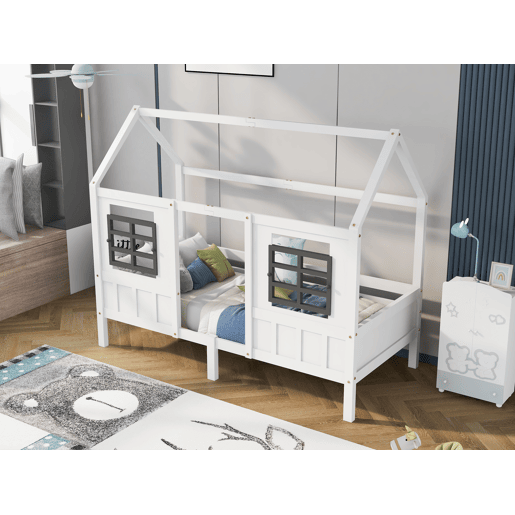 Cama individual 200x90cm - Casa com 2 gavetas, 2 janelas, estrutura em pinho e MDF - Branco