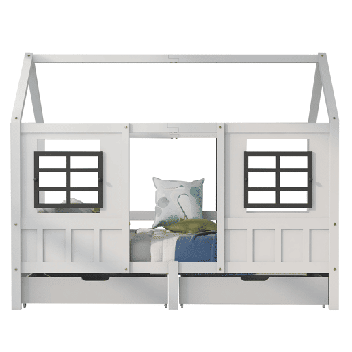 Cama individual 200x90cm - Casa com 2 gavetas, 2 janelas, estrutura em pinho e MDF - Branco