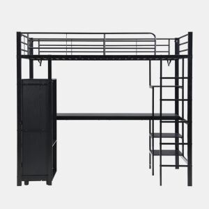Beliche 90x200cm - Com mesa e armário, com escada de 5 degraus, estrutura de ferro, cor preta