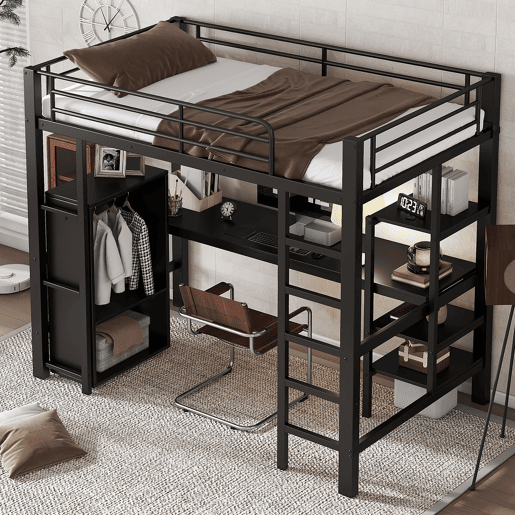 Beliche 90x200cm - Com mesa e armário, com escada de 5 degraus, estrutura de ferro, cor preta