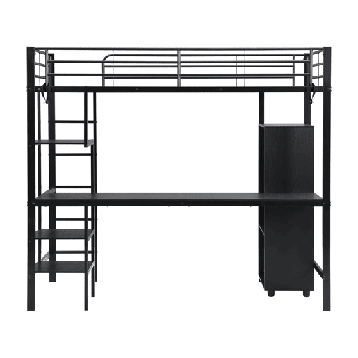 Beliche 90x200cm - Com mesa e armário, com escada de 5 degraus, estrutura de ferro, cor preta