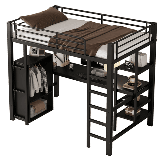 Beliche 90x200cm - Com mesa e armário, com escada de 5 degraus, estrutura de ferro, cor preta