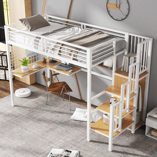 Cama de ferro 90x200cm - Cama alta com secretária e armário, escada lateral com corrimão - Branco+Natural