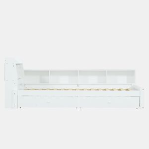 Cama individual 90x200 - cabeceira com prateleira e luzes, porta de carregamento, armários e gavetas laterais - branco
