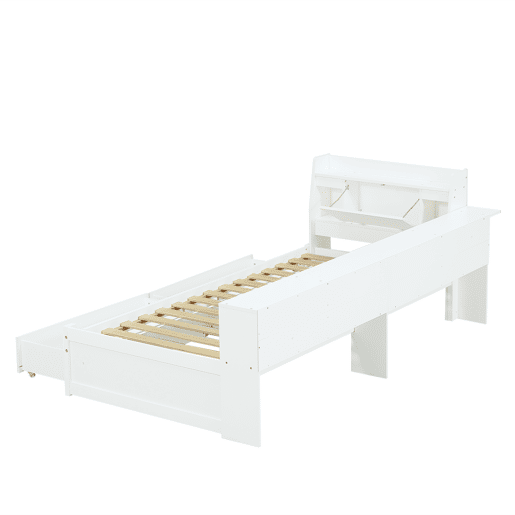 Cama individual 90x200 - cabeceira com prateleira e luzes, porta de carregamento, armários e gavetas laterais - branco