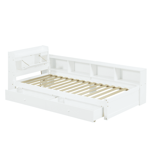 Cama individual 90x200 - cabeceira com prateleira e luzes, porta de carregamento, armários e gavetas laterais - branco