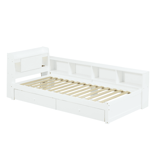 Cama individual 90x200 - cabeceira com prateleira e luzes, porta de carregamento, armários e gavetas laterais - branco