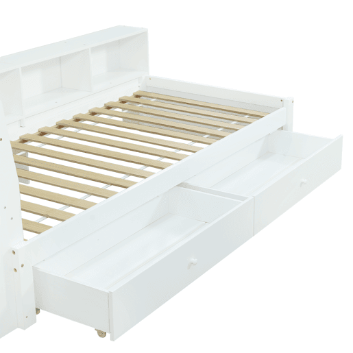 Cama individual 90x200 - cabeceira com prateleira e luzes, porta de carregamento, armários e gavetas laterais - branco