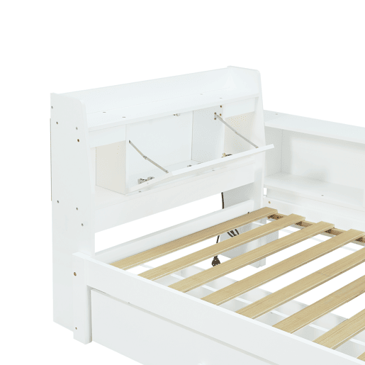 Cama individual 90x200 - cabeceira com prateleira e luzes, porta de carregamento, armários e gavetas laterais - branco