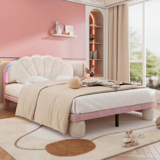 Cama estofada 140x200cm - Cama juvenil com luzes LED multicoloridas, cabeceira com design ondulado, pés redondos acolchoados - Bege+Rosa