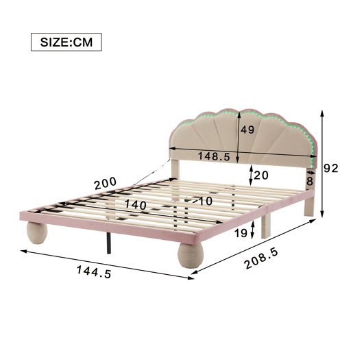 Cama estofada 140x200cm - Cama juvenil com luzes LED multicoloridas, cabeceira com design ondulado, pés redondos acolchoados - Bege+Rosa