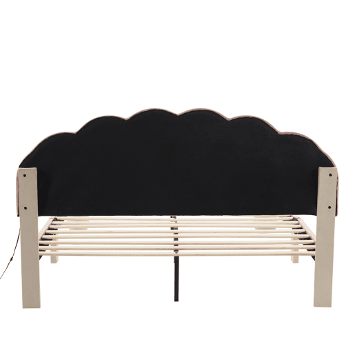 Cama estofada 140x200cm - Cama juvenil com luzes LED multicoloridas, cabeceira com design ondulado, pés redondos acolchoados - Bege+Rosa