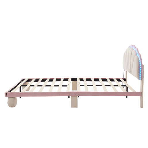 Cama estofada 140x200cm - Cama juvenil com luzes LED multicoloridas, cabeceira com design ondulado, pés redondos acolchoados - Bege+Rosa