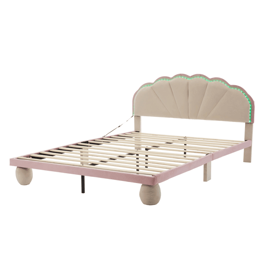 Cama estofada 140x200cm - Cama juvenil com luzes LED multicoloridas, cabeceira com design ondulado, pés redondos acolchoados - Bege+Rosa