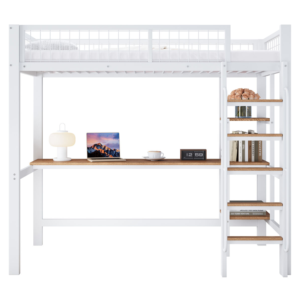 cama litera 90x200cm - con mesa y estanterias 5 peldanos con proteccion contra caidas - blanconatural